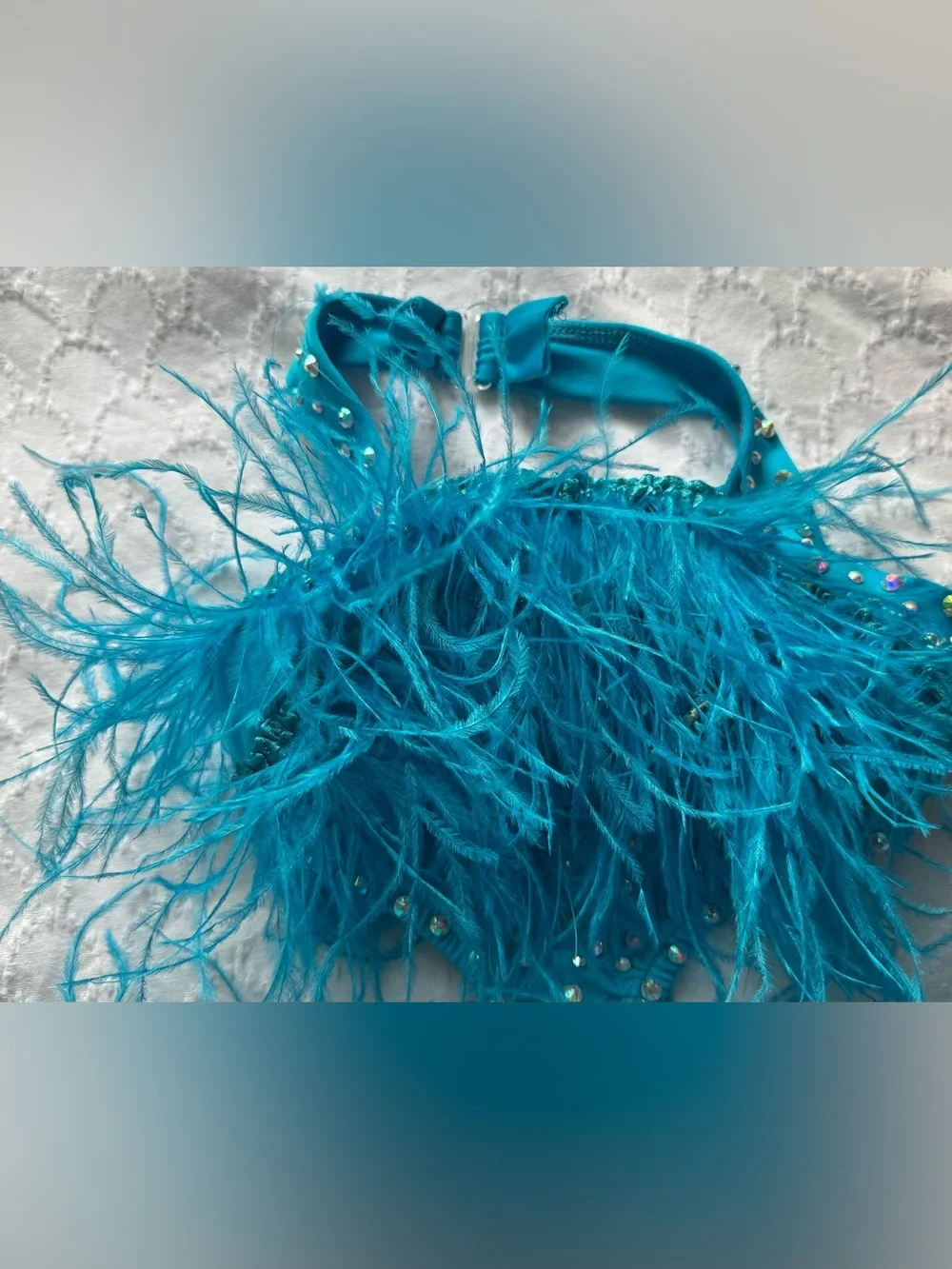 Pumpers Dance Costume Blue Rhinestone Feathers Youth